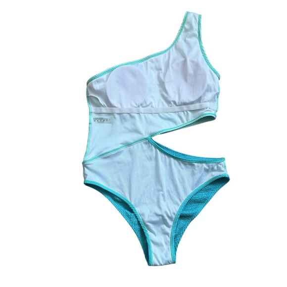 Colorblock Two Toned Blue One Shoulder Cut Out One Piece Swimsuit Size L - Picture 7 of 10